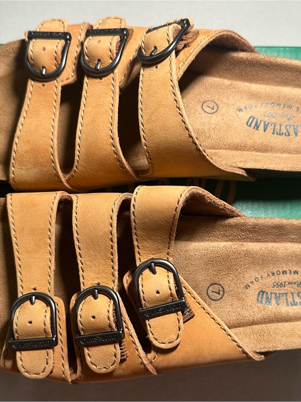 New Eastland Triple Buckle Leather Slide Sandals - Camel Brown